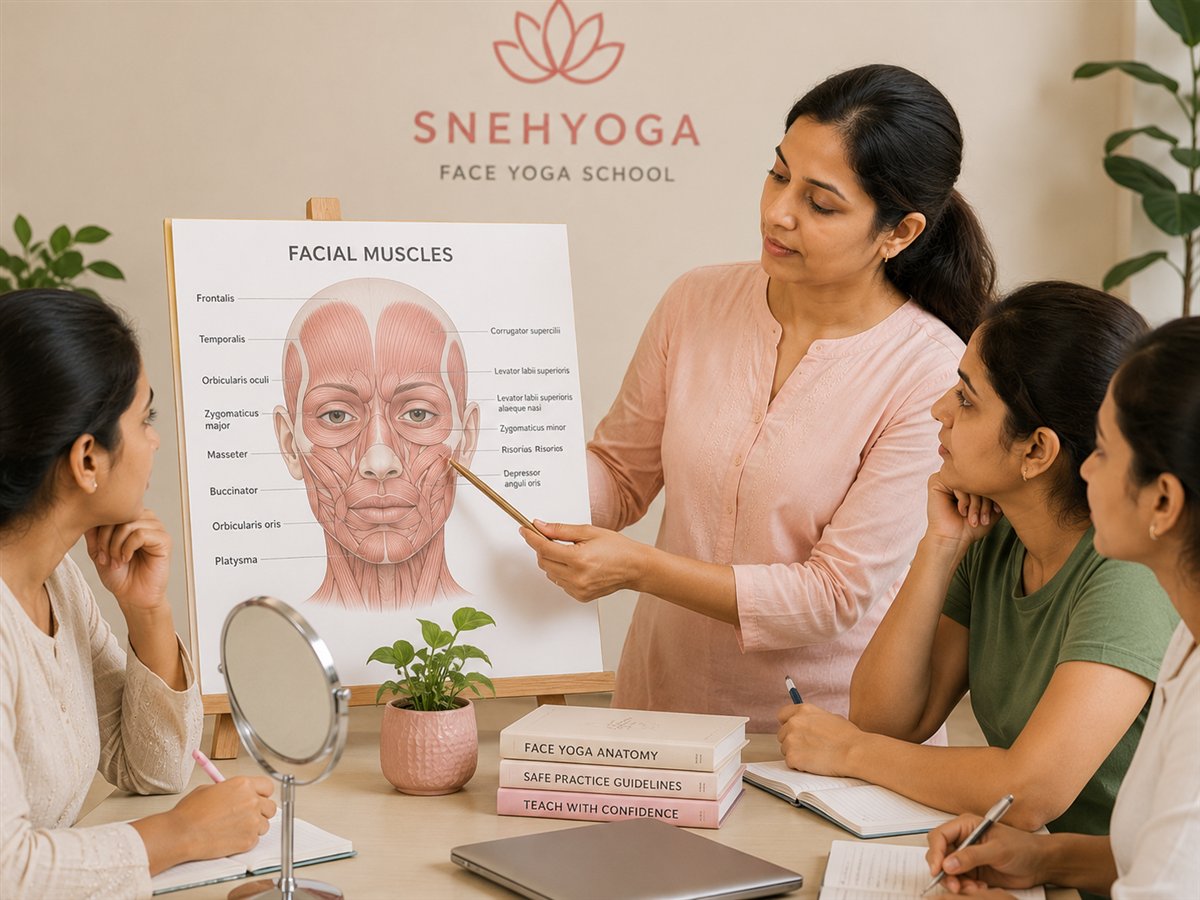 Face Yoga teacher explaining facial anatomy and safe practice foundations to learners