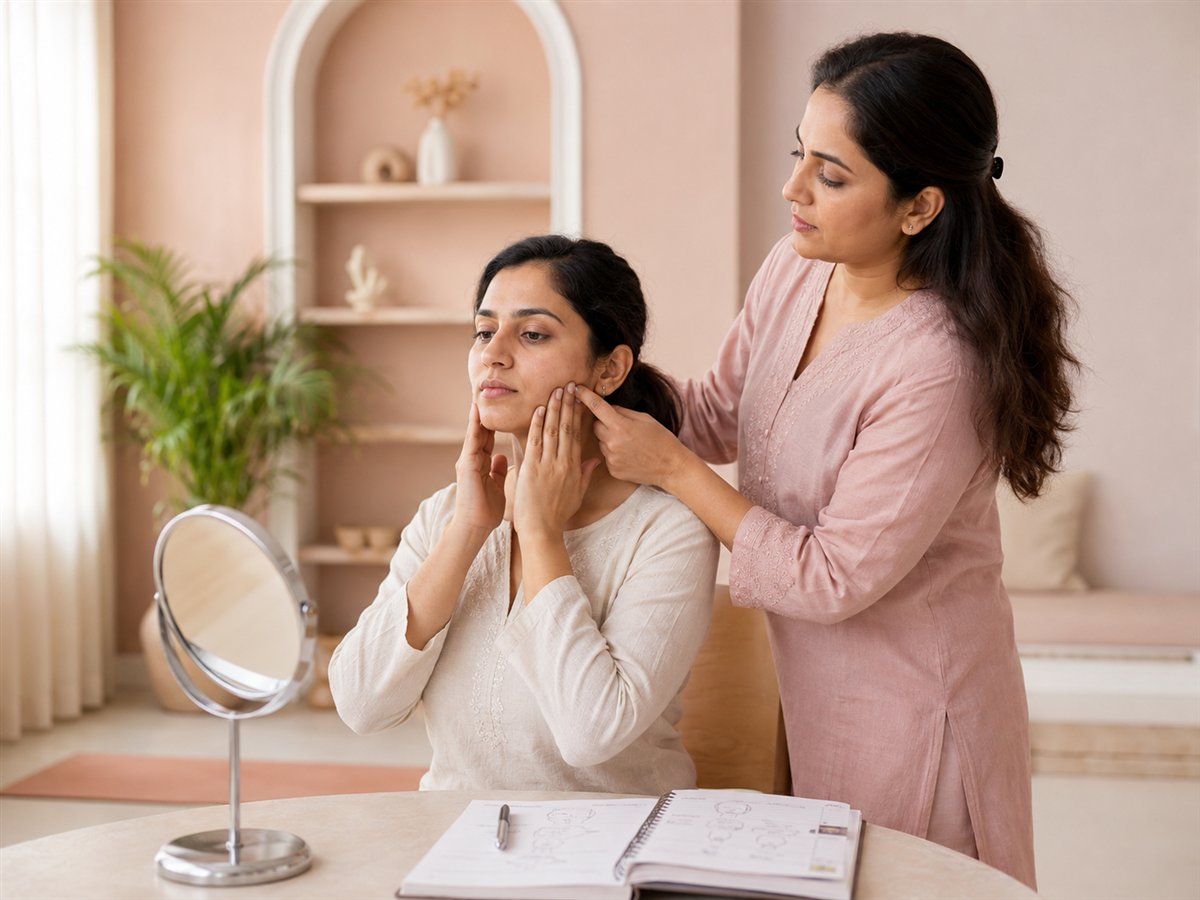 Face Yoga teacher guiding a learner through safe facial technique